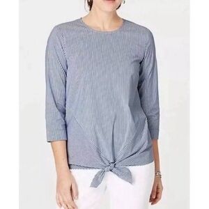 J. Jill Delft Striped Blouse Tie Waist Blouse Boxy 3/4 Sleeve Blue White M NWT